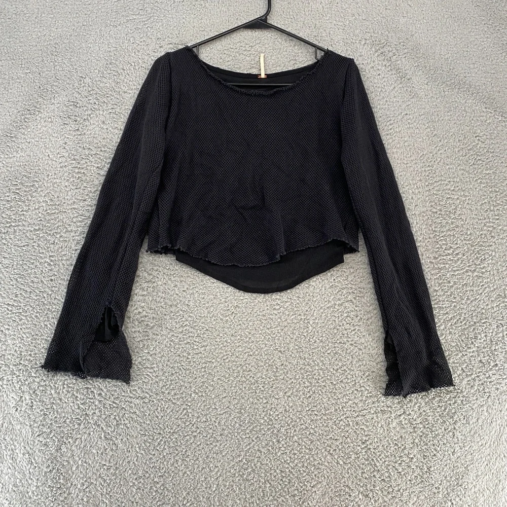 Free People Top Womens Small Crop Boxy Mesh Grunge Long Sleeve Slouchy Black‎